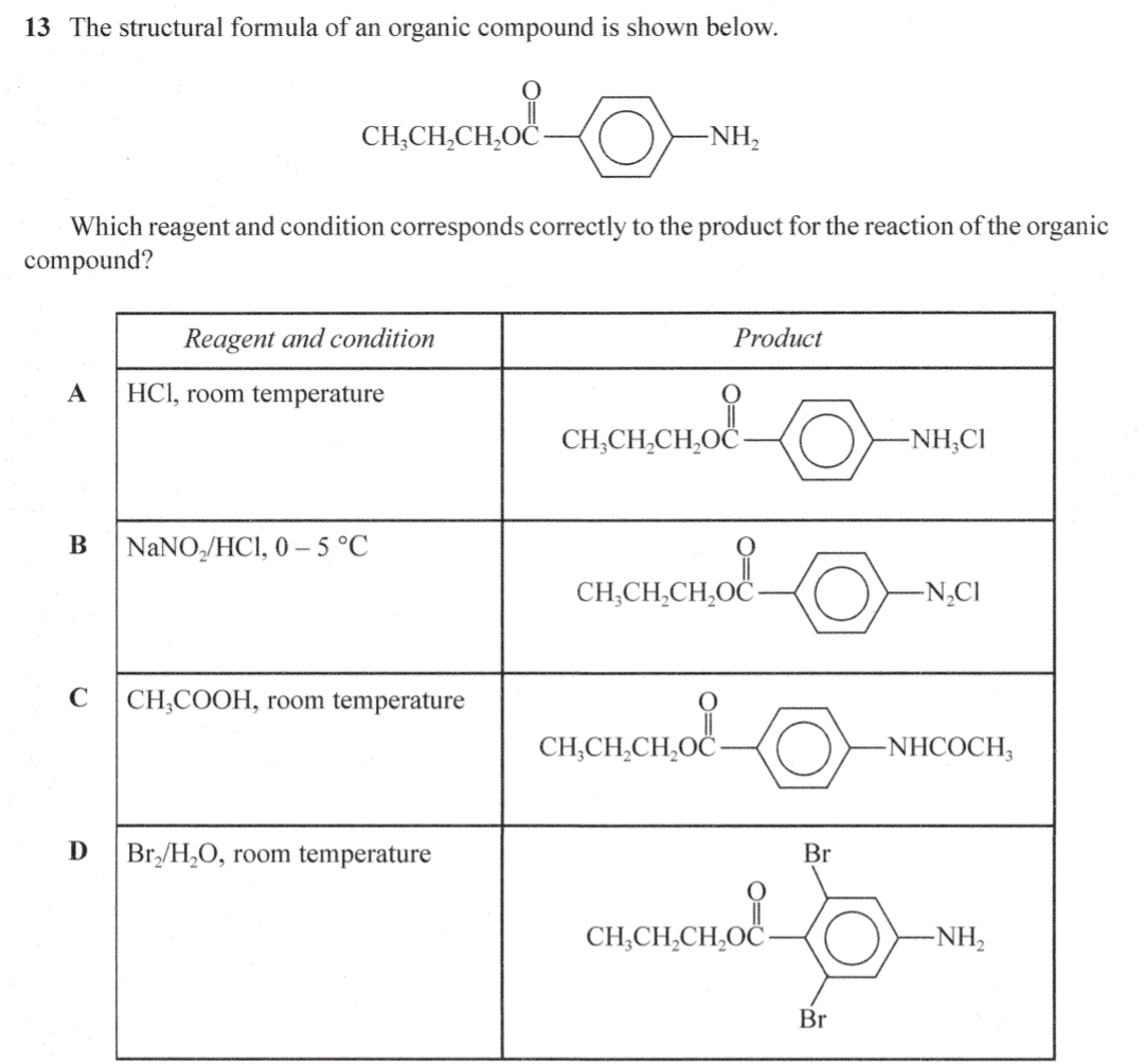 The structural formula of an organic compound is shown below.
Which reagent and condition corresponds correctly to the product for the reaction of the organic
compound?