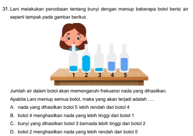 Lani melakukan percobaan tentang bunyi dengan meniup beberapa botol berisi air
seperti tampak pada gambar berikut.
Jumlah air dalam botol akan memengaruhi frekuensi nada yang dihasilkan.
Apabila Lani meniup semua botol, maka yang akan terjadi adalah ....
A. nada yang dihasilkan botol 5 lebih rendah dari botol 4
B. botol 4 menghasilkan nada yang lebih tinggi dari botol 1
C. bunyi yang dihasilkan botol 3 bernada lebih tinggi dari botol 2
D. botol 2 menghasilkan nada yang lebih rendah dari botol 5