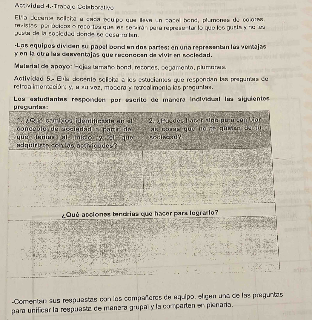 Actividad 4.-Trabajo Colaborativo 
El/la docente solicita a cada equipo que lleve un papel bond, plumones de colores, 
revistas, periódicos o recortes que les servirán para representar lo que les gusta y no les 
gusta de la sociedad donde se desarrollan. 
-Los equipos dividen su papel bond en dos partes: en una representan las ventajas 
y en la otra las desventajas que reconocen de vivir en sociedad. 
Material de apoyo: Hojas tamaño bond, recortes, pegamento, plumones. 
Actividad 5.- El/la docente solicita a los estudiantes que respondan las preguntas de 
retroalimentación; y, a su vez, modera y retroalimenta las preguntas. 
Los estudiantes responden por escrito de manera individual las siguientes 
-Comentan sus respuestas con los compañeros de equipo, eligen una de las preguntas 
para unificar la respuesta de manera grupal y la comparten en plenaria.