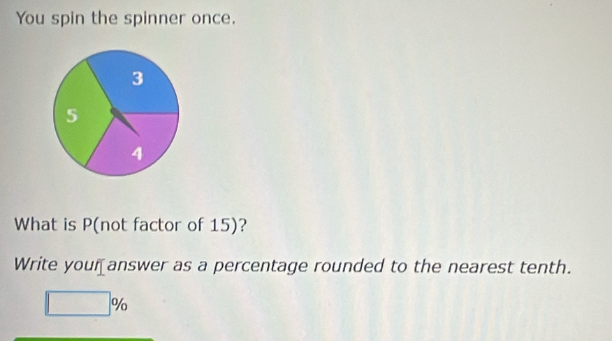 You spin the spinner once. 
What is P (not factor of 15)? 
Write your answer as a percentage rounded to the nearest tenth.
□ %