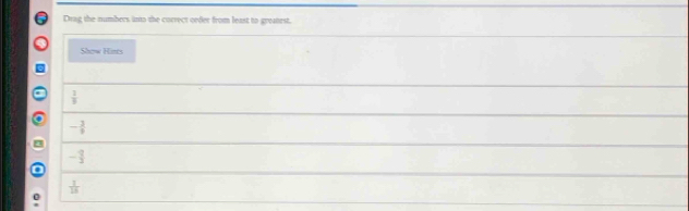 Drag the numbers into the correct ceder from least to greatest.
Show Hims
a frac 1frac 3
- 3/9 
- 1/3 
C
 1/13 