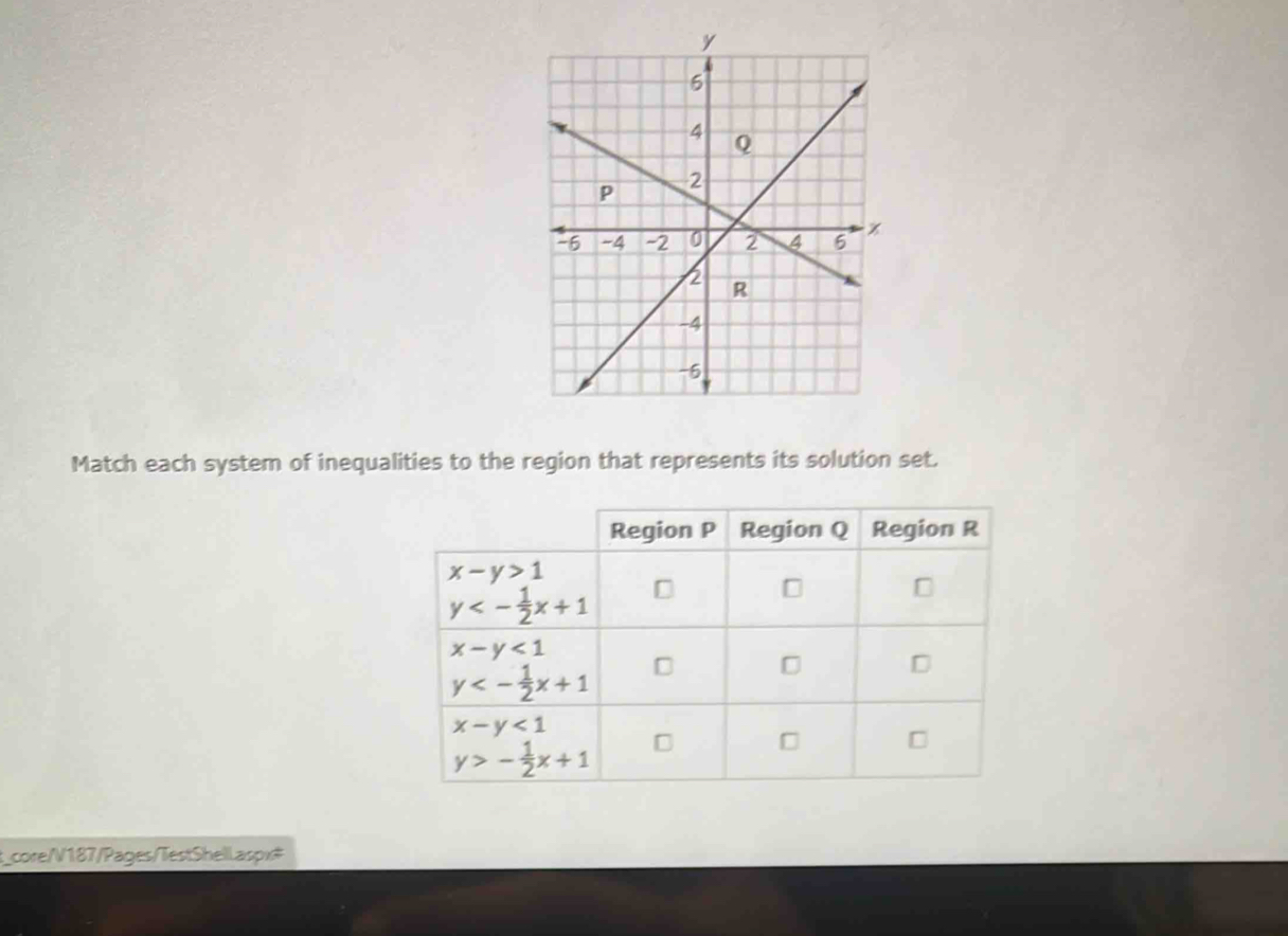 Match each system of inequalities to the region that represents its solution set.
L_core/V187/Pages/TestShelLaspx‡