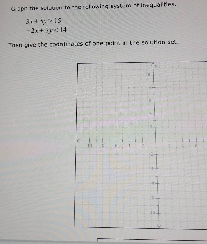 Graph the solution to the following system of inequalities.
3x+5y>15
-2x+7y<14</tex> 
Then give the coordinates of one point in the solution set.