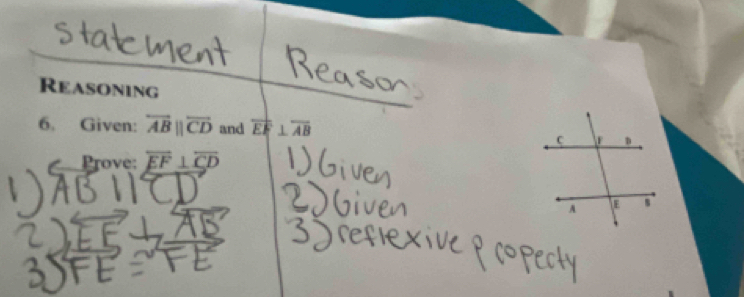 Reasoning 
6. Given: overleftrightarrow ABparallel overleftrightarrow CD and overline EF⊥ overline AB
Prove: overline EF⊥ overline CD
a FE