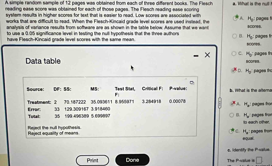 A simple random sample of 12 pages was obtained from each of three different books. The Flesch a. What is the null
reading ease score was obtained for each of those pages. The Flesch reading ease scoring
system results in higher scores for text that is easier to read. Low scores are associated with
A H_0
works that are difficult to read. When the Flesch-Kincaid grade level scores are used instead, the : pages f
analysis of variance results from software are as shown in the table below. Assume that we want scores.
to use a 0.05 significance level in testing the null hypothesis that the three authors
B. H_0
have Flesch-Kincaid grade level scores with the same mean. : pages fr
scores.
C. H_0 : pages fr
Data table scores.
D. H_0 : pages fr
Source: DF: SS: MS: Test Stat, Critical F: P-value: b. What is the altera
F:
Treatment: 2 70.187222 35.093611 8.955971 3.284918 0.00078
: A. H_a : 
Error: 33 129.309167 3. 918460 : pages fro
Total: 35 199.496389 5 699897
B. H_a pages fro
to each other.
Reject the null hypothesis.
Reject equality of means. C. H_a pages fron
equal.
c. Identify the P -value.
Print Done The P -value is □ .