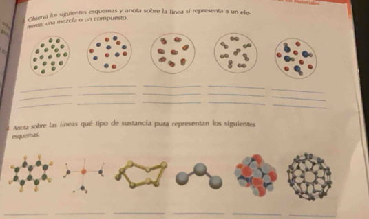 A Insteriales 
Observa los siguientes esquemas y anota sobre la línea si representa a un ele 
mento, una mezcía o un compuesto, 

_ 
_ 
__ 
_ 
_ 
__ 
_ 
_ 
__ 
_ 
_ 
_ 
2. Anota sobre las líneas qué tipo de sustancia pura representan los siguientes 
esquemas 
__ 
_ 
_ 
_