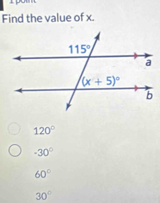 pon
Find the value of x.
120°
-30°
60°
30°