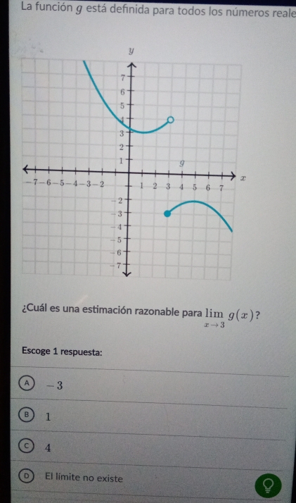 La función g está definida para todos los números reale
¿Cuál es una estimación razonable para limlimits _xto 3g(x) ?
Escoge 1 respuesta:
A - 3
B 1
4
El límite no existe