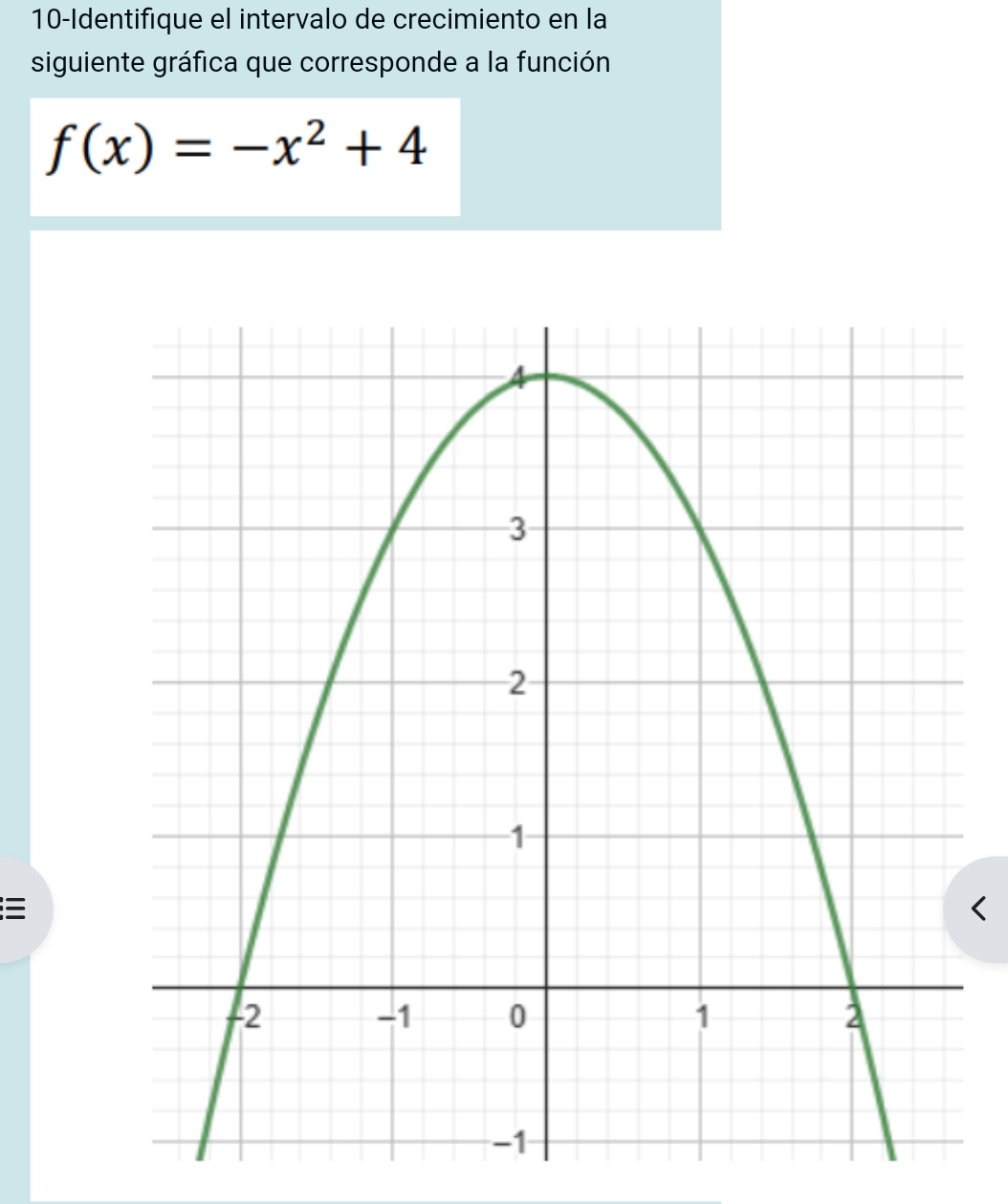 10-Identifique el intervalo de crecimiento en la 
siguiente gráfica que corresponde a la función
f(x)=-x^2+4
≡ 
<