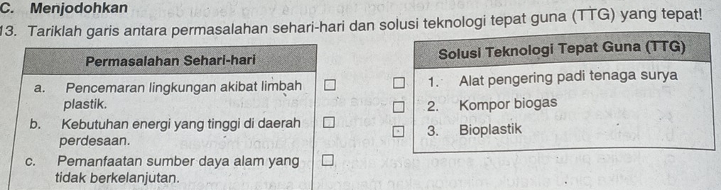 Menjodohkan
13. Tariklah garis antara permasalahan sehari-hari dan solusi teknologi tepat guna (TTG) yang tepat!
Permasalahan Sehari-hari Solusi Teknologi Tepat Guna (TTG)
a. Pencemaran lingkungan akibat limbah 1. Alat pengering padi tenaga surya
plastik. 2. Kompor biogas
b. Kebutuhan energi yang tinggi di daerah
perdesaan. 3. Bioplastik
c. Pemanfaatan sumber daya alam yang
tidak berkelanjutan.