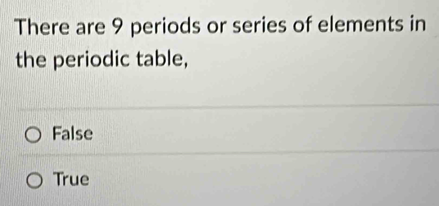 There are 9 periods or series of elements in
the periodic table,
False
True