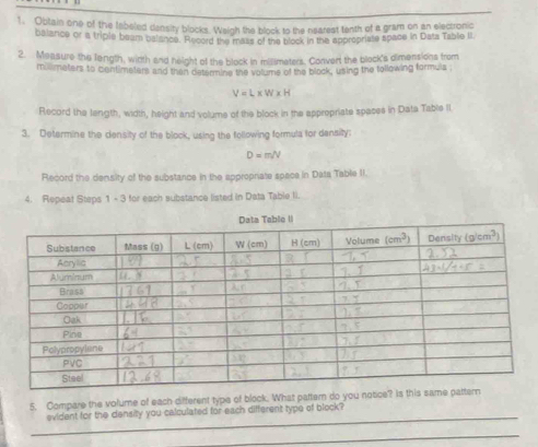 Obtain one of the fabsled density blocks. Weigh the block to the nearest tenth of a gram on an electronic
balance or a triple beam palance. Record the mass of the block in the appropriate space in Data Table II
2. Measure the fangth, wirth and neight of the block in milimaters. Convert the block's dimensions from
milimaters to centimeters and then determine the volume of the block, using the tollowing formuls
V=L* W* H
Record the length, width, height and volume of the block in the appropriate spaces in Data Table II
3. Determine the density of the block, using the following formula for density:
D=m/V
Record the density of the substance in the approprate space in Data Table II.
4. Repeat Steps 1 - 3 for each substance listed in Data Table Ii.
_
5. Compare the volume of each different type of block. What pattern do you no
evident for the density you calculated for each different type of block?
_