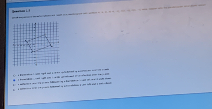 whoth sequence of transformations wil resdh to a paridetogan with wertios A(-9,1)
a translation 3 unit right and 2 units up followed by a reflection ever the xais
a transiation 1 unil right and 2 units up followed by a reflection over the y-axis
a reflection over the x-axis followed by a translation 3 unit left and 2 units down
a reflection over the y-axis followed by a translation 1 unit left and 2 units down