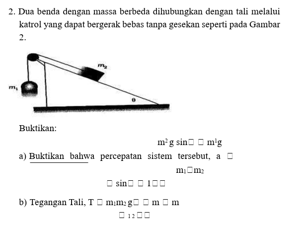 Dua benda dengan massa berbeda dihubungkan dengan tali melalui
katrol yang dapat bergerak bebas tanpa gesekan seperti pada Gambar
2.
Buktikan:
m^2gsin □ □ m^1g
a) Buktikan bahwa percepatan sistem tersebut, a□
m_1□ m_2
sin □ □ 1□ □
b) Tegangan Tali, T□ m_1m_2g□ □ m□ m
12□ □