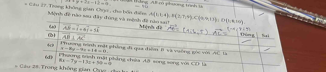 3x+y+2z-12=0. hoạn thắng AB có phương trình là
~ to
Câu 27. Trong không gian Oxyz , cho bốn điểm 
Mệnh đề nào sau đ
an Oxyz c