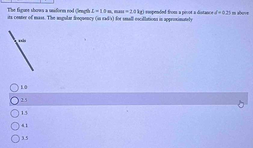 The figure shows a uniform rod (length L=1.0m, mass=2.0kg) suspended from a pivot a distance d=0.25m above
its center of mass. The angular frequency (in rad/s) for small oscillations is approximately
axis
1.0
2.5
1.5
4.1
3.5