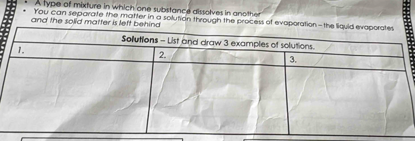 A type of mixture in which one substance dissolves in another 
You can separate the matter in a solution through the process of evapo 
and the solid matter is left b