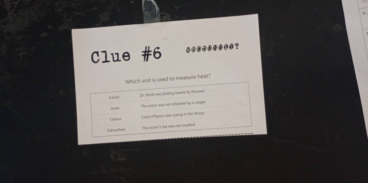 Clue #6 
? 
ed to measure heat?