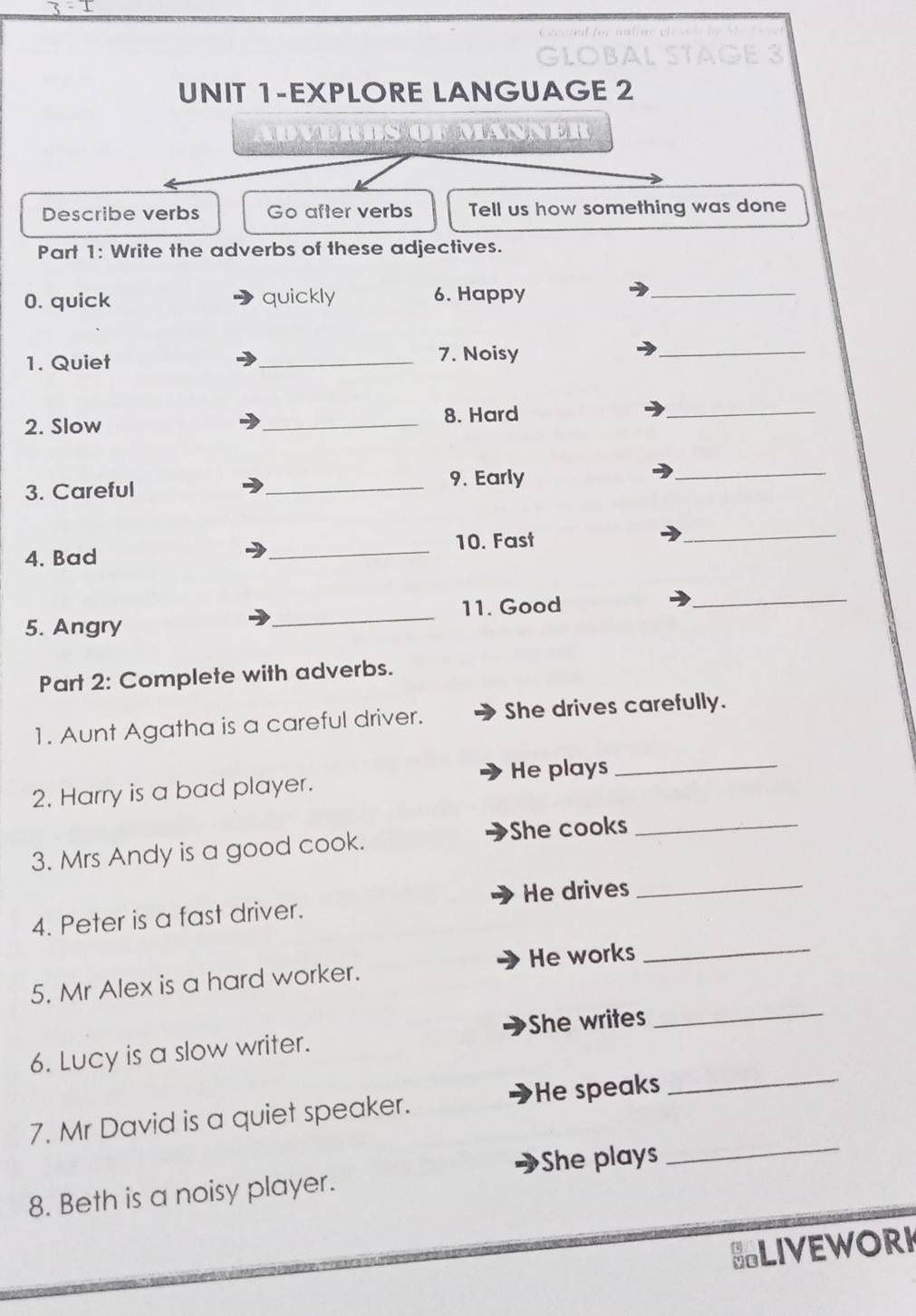 3=1 
GLOBAL STA 5 
UNIT 1-EXPLORE LANGUAGE 2 
SOFMANNER 
Describe verbs Go after verbs Tell us how something was done 
Part 1: Write the adverbs of these adjectives. 
0. quick quickly 6. Happy_ 
1. Quiet _7. Noisy 
_ 
2. Slow _8. Hard 
_ 
_9. Early 
_ 
3. Careful 
4. Bad _10. Fast 
_ 
11. Good 
_ 
5. Angry 
_ 
Part 2: Complete with adverbs. 
1. Aunt Agatha is a careful driver. She drives carefully. 
He plays_ 
2. Harry is a bad player. 
She cooks_ 
3. Mrs Andy is a good cook. 
He drives_ 
_ 
4. Peter is a fast driver. 
5. Mr Alex is a hard worker. He works 
6. Lucy is a slow writer. She writes_ 
7. Mr David is a quiet speaker. He speaks 
_ 
She plays 
_ 
8. Beth is a noisy player. 
BLIVEWORK