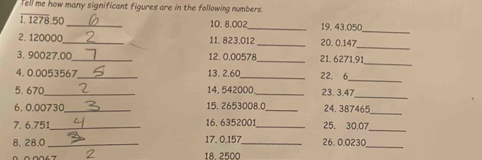 Tell me how many significant figures are in the following numbers. 
1. 1278.50 _10. 8.002 _ 19. 43.050
_ 
2. 120000 _ 11. 823.012 _20. 0.147 _ 
3. 90027.00 _ 12. 0.00578 _ 21. 6271.91
_ 
4. 0.0053567 _ 13. 2.60 _ 22. 6
_ 
5. 670 _ 14. 542000._ 23. 3.47 _ 
6. 0.00730 _ 15. 2653008.0 _ 24. 387465 _ 
7. 6.751 _ 16. 6352001 _ 25. 30.07 _ 
8. 28.0 _17. 0.157 _ 26. 0.0230 _
00067 18, 2500