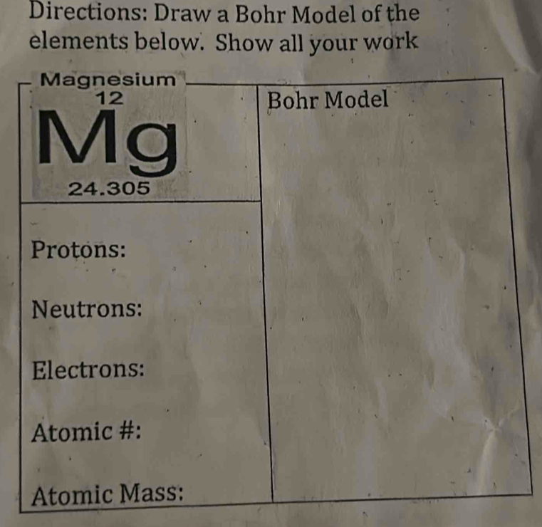 Directions: Draw a Bohr Model of the 
elements below. Show all your work