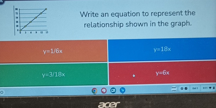 Write an equation to represent the
relationship shown in the graph.
y=1/6x
y=18x
y=3/18x
y=6x
Get 1
。