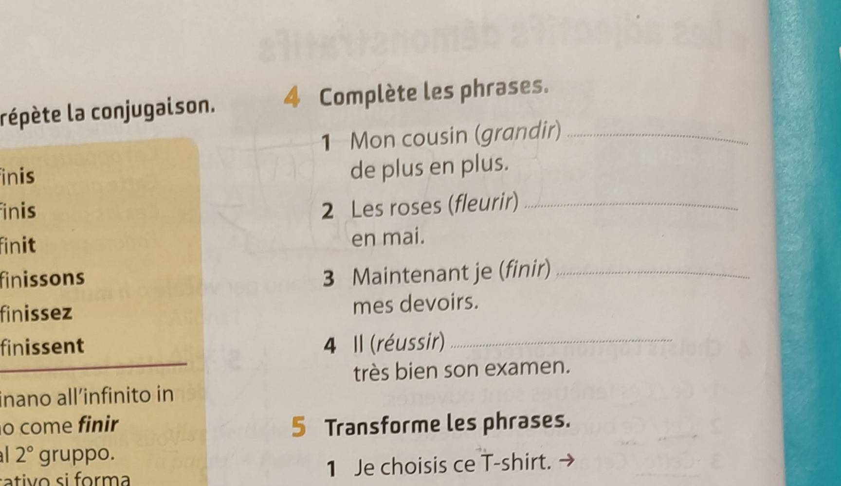 répète la conjugaison. 4 Complète les phrases. 
1 Mon cousin (grandir)_ 
inis 
de plus en plus. 
inis 
2 Les roses (fleurir)_ 
finit 
en mai. 
finissons 
3 Maintenant je (finir)_ 
finissez mes devoirs. 
finissent 4 Il (réussir)_ 
très bien son examen. 
inano all’infinito in 
o come finir 5 Transforme les phrases.
2° gruppo. 
ativo si forma 1 Je choisis ce T-shirt.