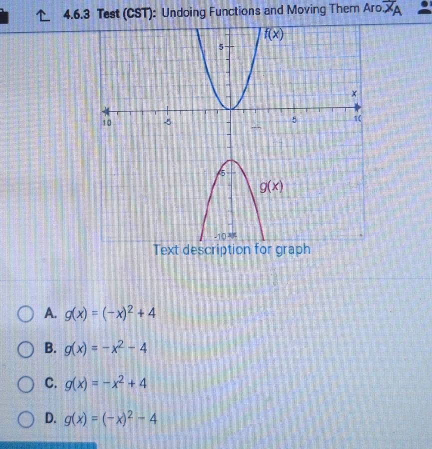 Test (CST): Undoing Functions and Moving Them Aro overline xA
A. g(x)=(-x)^2+4
B. g(x)=-x^2-4
C. g(x)=-x^2+4
D. g(x)=(-x)^2-4