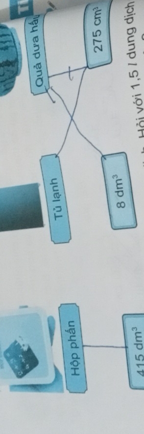 Quả dưa hấu 
Hộp phấn Tủ lạnh
275cm^3
8dm^3
415dm^3
Hội với 1,5 / dung dịch