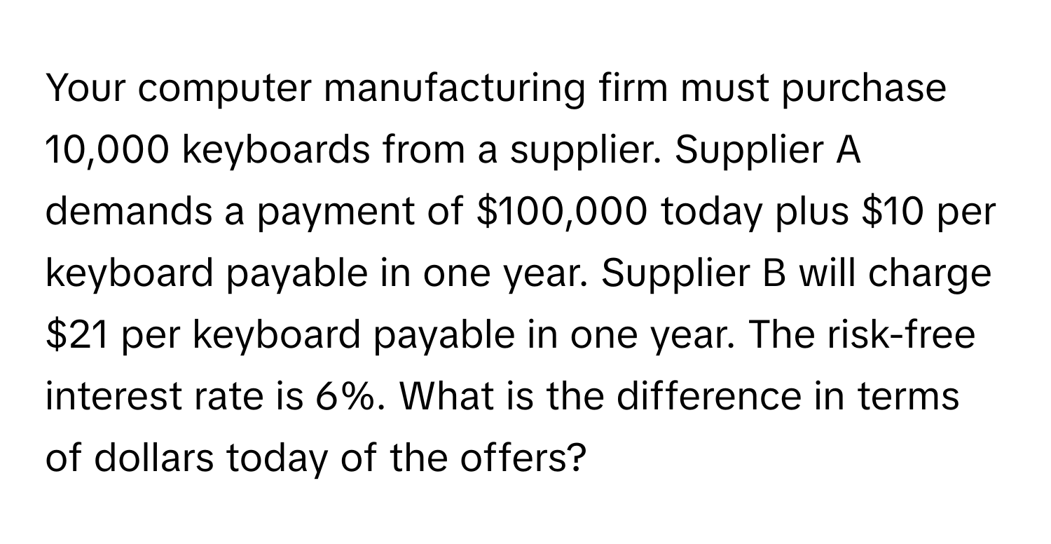 Your computer manufacturing firm must purchase 10,000 keyboards from a supplier. Supplier A demands a payment of $100,000 today plus $10 per keyboard payable in one year. Supplier B will charge $21 per keyboard payable in one year. The risk-free interest rate is 6%. What is the difference in terms of dollars today of the offers?