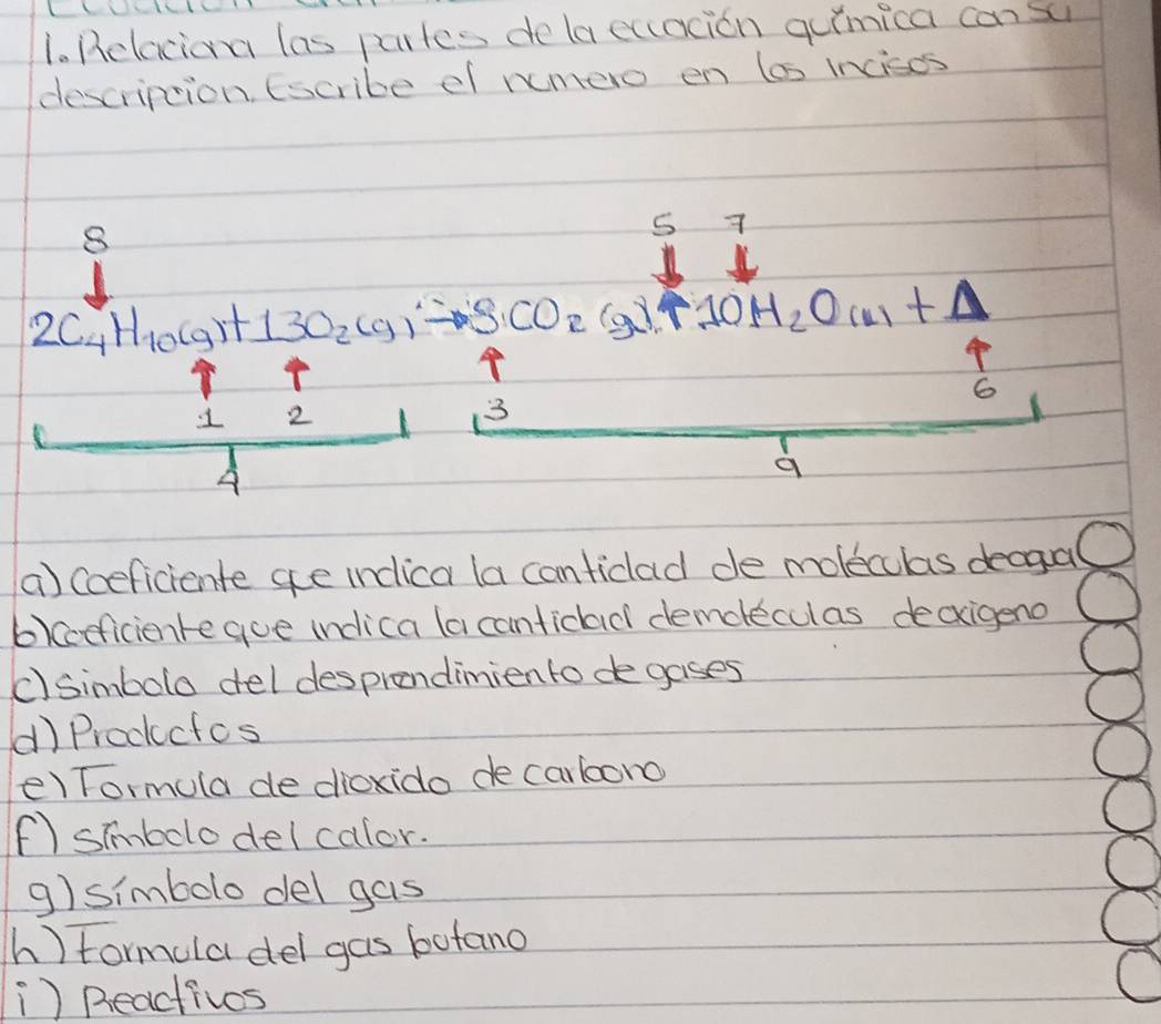 Helaciona las partes dela ecacion guimica can su 
description, Escribe el remero en los incises 
8 
S 7
2C_4H_10(g)+13O_2(g)to SCO_2(g)+10H_2O(u)+△
6
2
3 
a) cceficiente ae incica la contidlad de moleculas decgal 
b)coeficienregue indica (a canticlad demoleculas decxigeno 
c)simbolo del desprandimiento degases 
() Productos 
e) Tormula de dioxido de carlono 
() smbolodelcalor. 
g) simbolo del gas 
h) formula del gas botano 
¡) Reactives