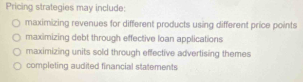 Pricing strategies may include:
maximizing revenues for different products using different price points
maximizing debt through effective loan applications
maximizing units sold through effective advertising themes
completing audited financial statements