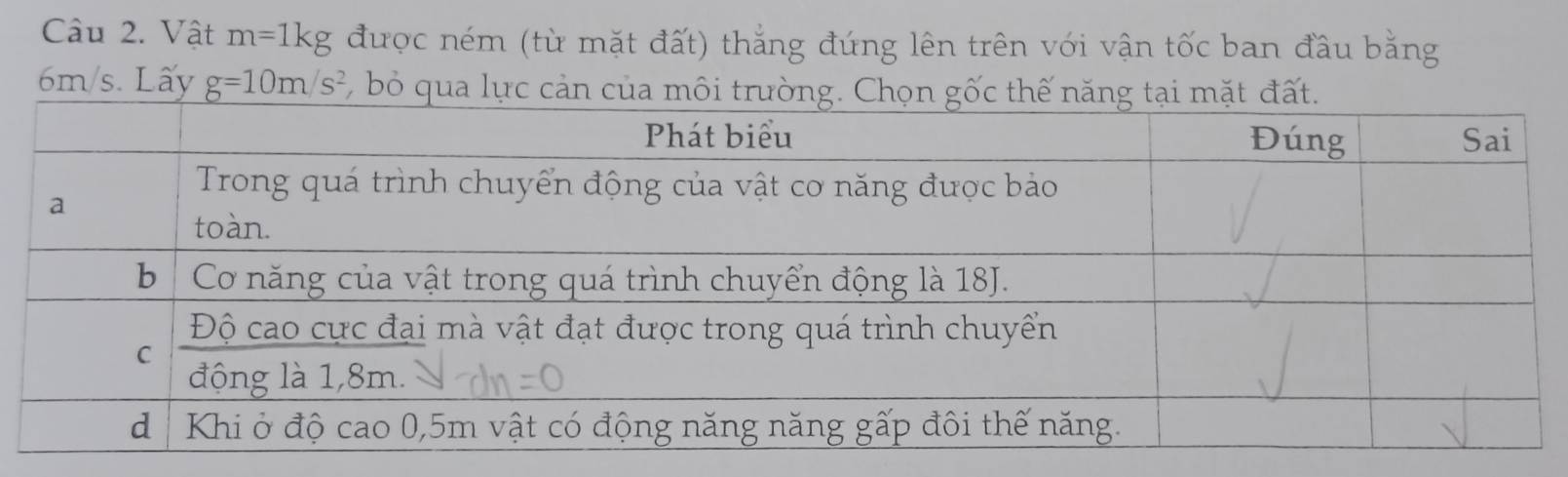 Vật m=1kg được ném (từ mặt đất) thắng đứng lên trên với vận tốc ban đầu bằng
6m/s. Lấy g=10m/s^2 , bỏ qua