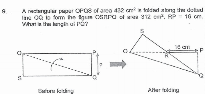 A rectangular paper OPQS of area 432cm^2 is folded along the dotted 
line OQ to form the figure OSRPQ of area 312cm^2. RP=16cm. 
What is the length of PQ? 

Before folding After folding