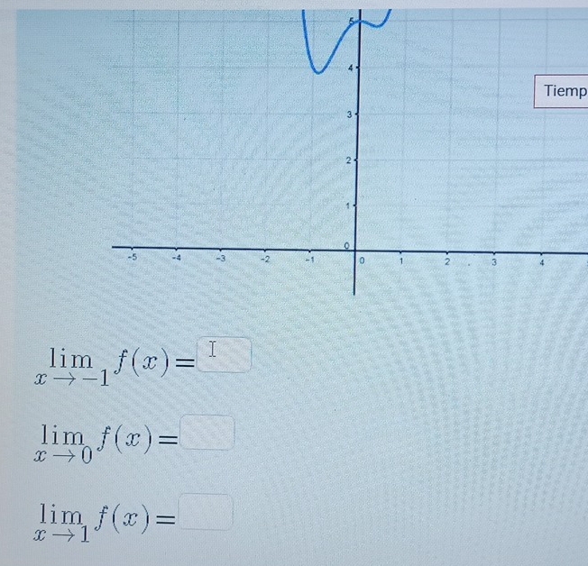 Tiemp
limlimits _xto -1f(x)=□
limlimits _xto 0f(x)=□
limlimits _xto 1f(x)=□