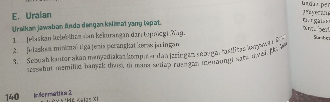 tindak per 
E. Uraian 
penyerang 
Uraikan jawaban Anda dengan kalimat yang tepat. 
mengatas 
tentu berl 
1. Jelaskan kelebihan dan kekurangan dari topologi Ring. 
2. Jelaskan minimal tiga jenis perangkat keras jaringan. 
3. Sebuah kantor akan menyediakan komputer dan jaringan sebagai fasilitas karyawan. Kanto Sumber 
tersebut memiliki banyak divisi, di mana setiap ruangan menaungi satu divisi. Jika Anda
140 Informatika 2
SMA/MA Kelas XI