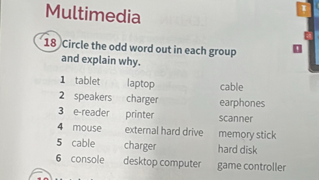 Multimedia 
18 Circle the odd word out in each group 
and explain why. 
1 tablet laptop 
cable 
2 speakers charger 
earphones 
3 e-reader printer 
scanner 
4 mouse external hard drive memory stick 
5 cable charger hard disk 
6 console desktop computer game controller