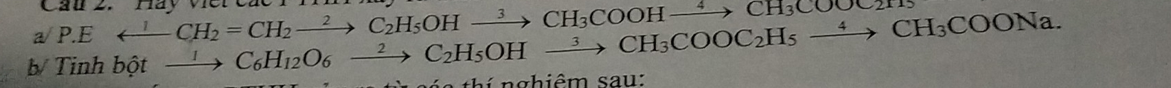 a/P.Earrow CH_2=CH_2to C_2H_5OHxrightarrow 3CH_3COOHxrightarrow 4CH_3COOC21 Cầu 2. Hay viềt 
b Tinh bột xrightarrow IC_6H_12O_6xrightarrow 2C_2H_5OHxrightarrow 3CH_3COOC_2H_5xrightarrow 4CH_3COONa. 
t i n g hiêm s u