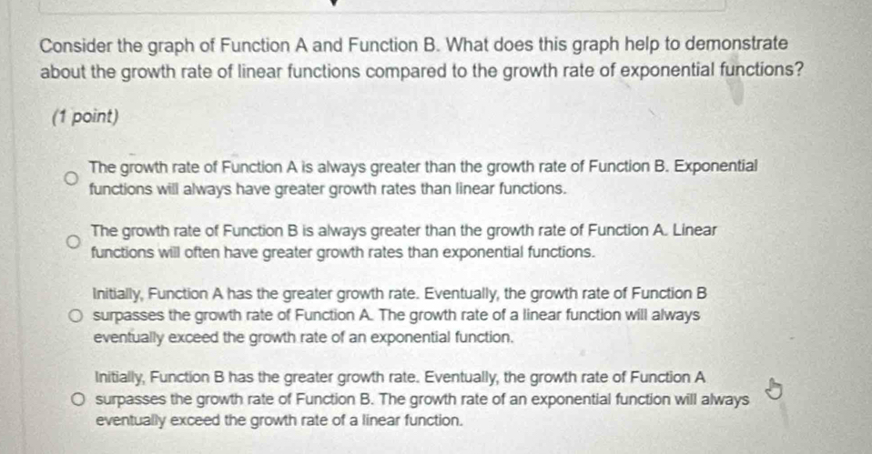 Consider the graph of Function A and Function B. What does this graph help to demonstrate
about the growth rate of linear functions compared to the growth rate of exponential functions?
(1 point)
The growth rate of Function A is always greater than the growth rate of Function B. Exponential
functions will always have greater growth rates than linear functions.
The growth rate of Function B is always greater than the growth rate of Function A. Linear
functions will often have greater growth rates than exponential functions.
Initially, Function A has the greater growth rate. Eventually, the growth rate of Function B
surpasses the growth rate of Function A. The growth rate of a linear function will always
eventually exceed the growth rate of an exponential function.
Initially, Function B has the greater growth rate. Eventually, the growth rate of Function A
surpasses the growth rate of Function B. The growth rate of an exponential function will always
eventually exceed the growth rate of a linear function.