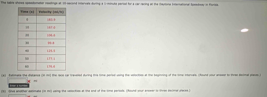 The table shows speedometer readings at 10-second intervals during a 1-minute period for a car racing at the Daytona International Speedway in Florida. 
(a) Estimate the distance (in mi) the race car traveled during this time period using the velocities at the beginning of the time intervals. (Round your answer to three decimal places.) 
be mi
Enter a number 
(b) Give another estimate (in mi) using the velocities at the end of the time periods. (Round your answer to three decimal places.)