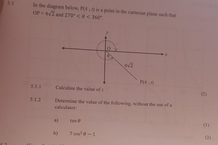 5.1 In the diagram below, P(4;t) is a point in the cartesian plane such that
OP=4sqrt(2) and 270° <360°.
y
θ
x
4sqrt(2)
P(4;t)
5.1.1 Calculate the value of t. 
(2) 
5.1.2 Determine the value of the following, without the use of a 
calculator: 
a) tan θ
(1) 
b) 7cos^2θ -1 (2)