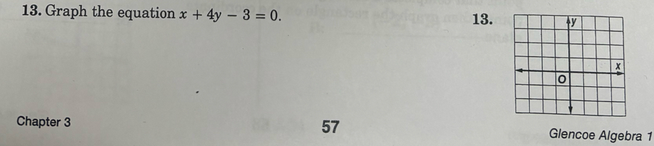 Graph the equation x+4y-3=0. 13. 
57 
Chapter 3 Glencoe Algebra 1