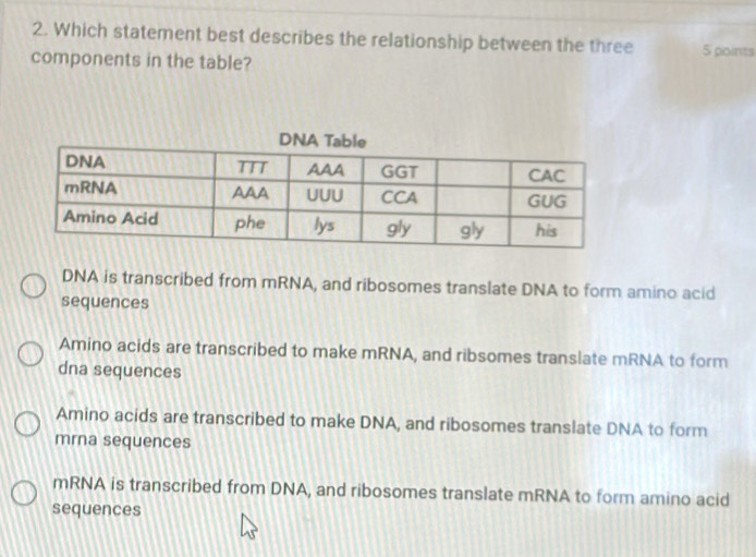 Which statement best describes the relationship between the three
components in the table? 5 points
DNA is transcribed from mRNA, and ribosomes translate DNA to form amino acid
sequences
Amino acids are transcribed to make mRNA, and ribsomes translate mRNA to form
dna sequences
Amino acids are transcribed to make DNA, and ribosomes translate DNA to form
mrna sequences
mRNA is transcribed from DNA, and ribosomes translate mRNA to form amino acid
sequences