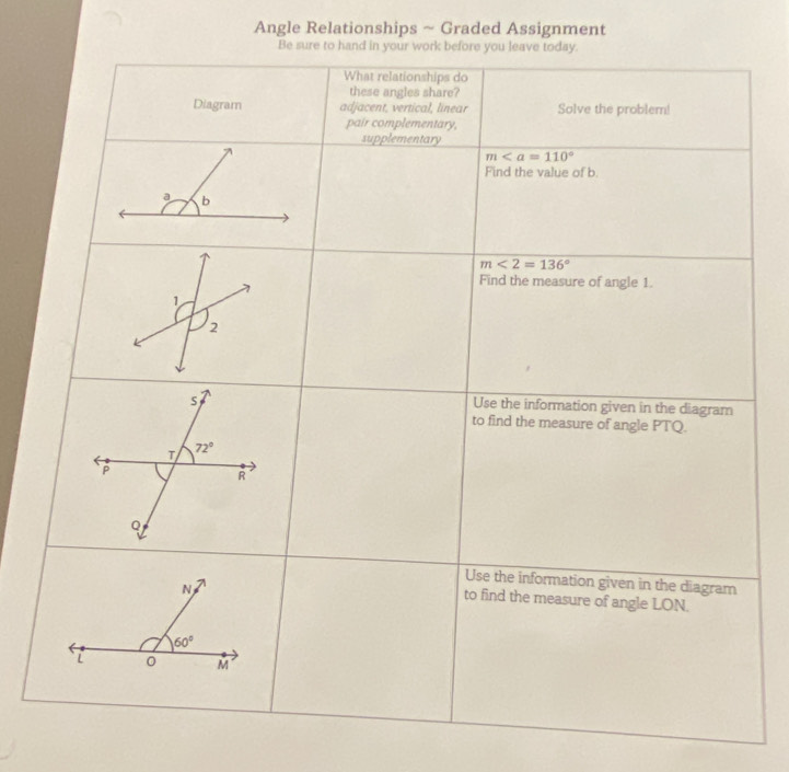 Angle Relationships ~ Graded Assignment