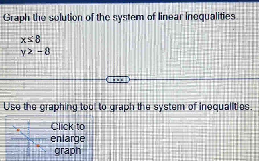 Graph the solution of the system of linear inequalities.
x≤ 8
y≥ -8
Use the graphing tool to graph the system of inequalities. 
Click to 
enlarge 
graph