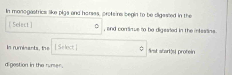 In monogastrics like pigs and horses, proteins begin to be digested in the 
[ Select ] , and continue to be digested in the intestine. 
In ruminants, the [ Select ] first start(s) protein 
digestion in the rumen.