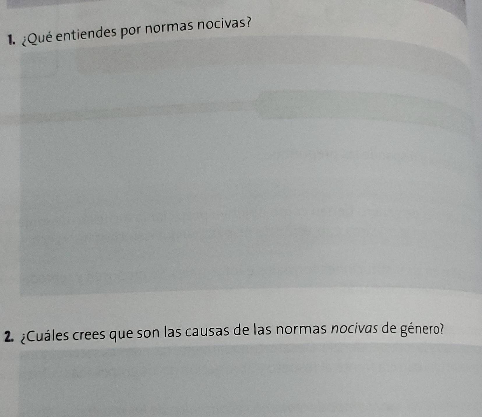 ¿Qué entiendes por normas nocivas? 
2 ¿Cuáles crees que son las causas de las normas nocivas de género?