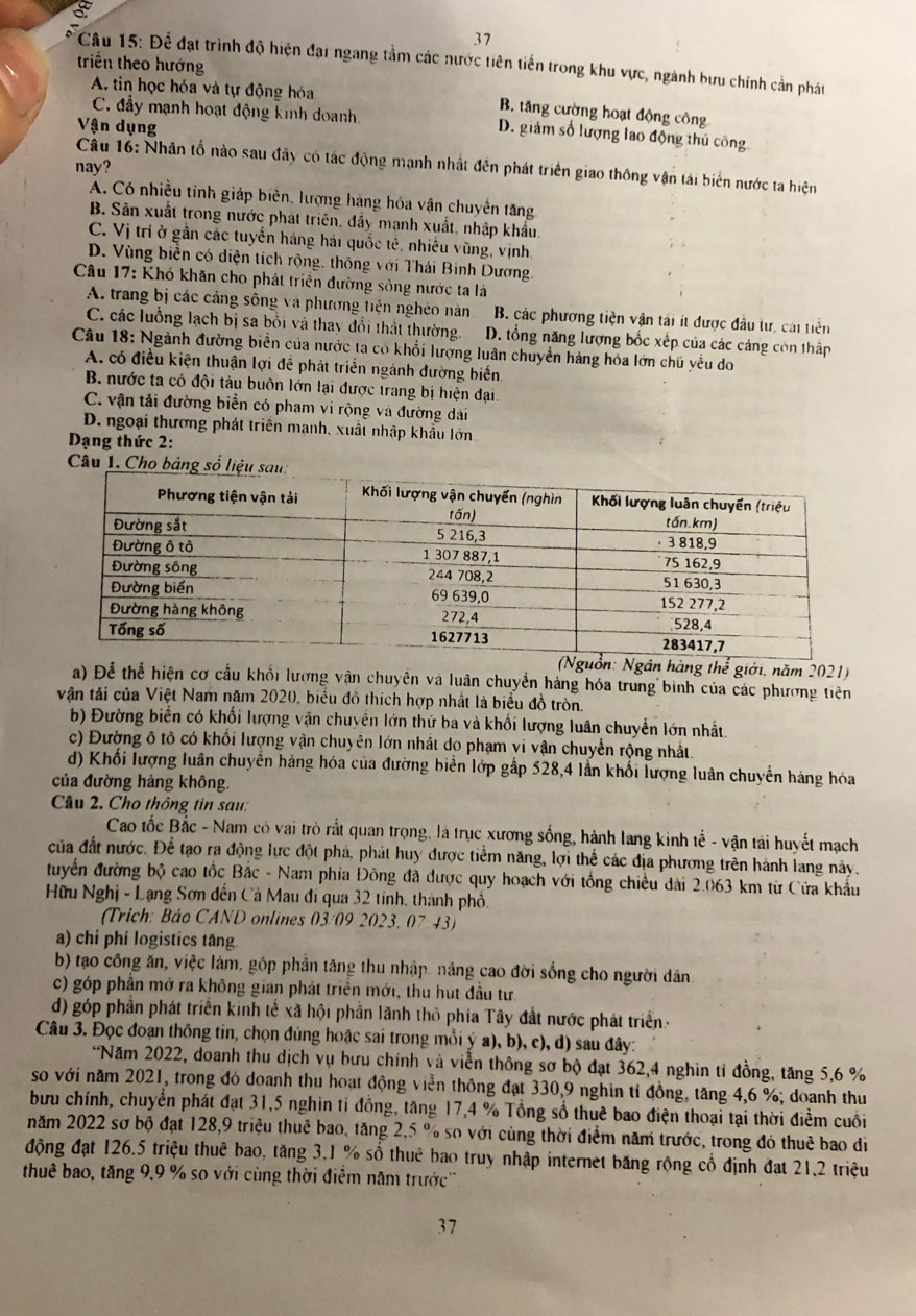 Để đạt trình độ hiện đại ngang tằm các nước tiên tiền trong khu vực, ngành bưu chính cản phát
triển theo hướng
A. tin học hóa và tự động hóa B. tăng cường hoạt động công
C. đẩy mạnh hoạt động kinh doanh D. giảm số lượng lao động thủ công.
Vận dụng
Câu 16: Nhân tố nào sau đây có tác động mạnh nhất đên phát triển giao thông vận tái biển nước ta hiện
nay?
A. Có nhiều tỉnh giáp biên, lượng hàng hóa vận chuyền tăng.
B. Sản xuất trong nước phát triên, đầy mạnh xuất, nhập khẩu.
C. Vị trí ở gần các tuyển háng hải quốc tế, nhiều vùng, vịnh
D. Vùng biển có diện tích rộng, thông với Thái Binh Dương.
Câu 17: Khó khăn cho phát triển đường sông nước ta là
A. trang bị các cảng sông và phương tiện nghèo năn B. các phương tiện vận tải ít được đầu tự, cái tiên
C. các luồng lạch bị sa bối và thay đổi thất thường. D. tổng năng lượng bốc xếp của các cáng còn thập
Câu 18: Ngành đường biển của nước ta có khối lượng luân chuyển hàng hóa lớn chú yếu do
A. có điều kiện thuận lợi đễ phát triển ngành đường biến
B nước ta có đội tàu buôn lớn lại được trang bị hiện đại.
C. vận tải đường biển có pham vi rộng và đường dài
D. ngoại thương phát triên mạnh, xuất nhập khẩu lớn
Dạng thức 2:
Câu 1. Cho bảng số liệ
(Nguồn: Ngân hàng thế giới. năm 2021)
a) Để thể hiện cơ cầu khổi lượng vận chuyên và luân chuyển hàng hóa trung bình của các phương tiên
vận tải của Việt Nam năm 2020, biểu đô thích hợp nhất là biểu đồ tròn.
b) Đường biển có khối lượng vận chuyển lớn thứ ba và khối lượng luân chuyển lớn nhất.
c) Đường ô tô có khối lượng vận chuyên lớn nhất do phạm vi vận chuyển rộng nhất.
d) Khối lượng luân chuyển hàng hóa của đường biển lớp gấp 528,4 lần khối lượng luân chuyển hàng hóa
của đường hàng không.
Câu 2. Cho thông tin sau:
Cao tốc Bắc - Nam có vai trò rất quan trọng, là trục xương sống, hành lang kinh tế - vận tải huyết mạch
của đất nước. Để tạo ra động lực đột phá, phát huy được tiềm năng, lợi thể các địa phương trên hành lang này.
tuyển đường bộ cao tốc Bắc - Nam phía Đông đã được quy hoạch với tổng chiều dài 2.063 km từ Cửa khẩu
Hữu Nghị - Lạng Sơn đến Cà Mau đi qua 32 tinh, thành phố.
(Trich: Báo CAND onlines 03/09 2023, 07/43)
a) chí phí logistics tăng.
b) tạo công ăn, việc lám. góp phần tăng thu nhập. năng cao đời sống cho người dân
c) góp phần mở ra không gian phát triển mới, thu hút đầu tư.
d) góp phần phát triển kinh tế xã hội phần lãnh thô phía Tây đất nước phát triển.
Câu 3. Đọc đoạn thông tin, chọn đúng hoặc sai trong mồi ý a), b), c), d) sau đây:
*Năm 2022, doanh thu dịch vụ bưu chính và viễn thông sơ bộ đạt 362,4 nghìn tỉ đồng, tăng 5,6 %
so với năm 2021, trong đó doanh thu hoạt động viễn thông đạt 330,9 nghin tỉ đồng, tăng 4,6 %; doanh thu
bưu chính, chuyển phát đạt 31,5 nghin tỉ đồng, tăng 17,4 % Tổng số thuê bao điện thoại tại thời điểm cuối
năm 2022 sơ bộ đạt 128,9 triệu thuê bao, tăng 2,5 % so với cùng thời điểm năm trước, trong đó thuê bao di
động đạt 126.5 triệu thuê bao, tăng 3,1 % số thuê bao truy nhập internet băng rộng cổ định đạt 21,2 triệu
thuê bao, tăng 9,9 % so với cùng thời điểm năm trước''
37