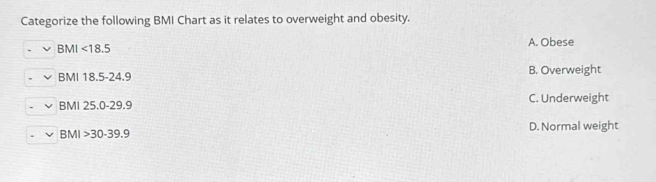 Categorize the following BMI Chart as it relates to overweight and obesity.
BMI <18.5 A. Obese
BMI 18.5-24.9
B. Overweight
BMI 25.0-29. - C. Underweight
BMI>30-39.9 D. Normal weight