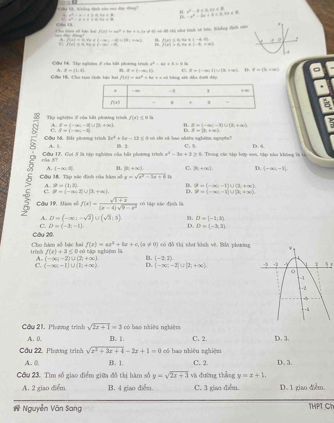 langl2
Câu 12. Khẳng định nào sau đây đâng?
B. x^2-9≤ 0,Yx∈ R.
A. x^2-x-1≥ 0,forall x∈ R.
C. x^2-x+1>0,forall x∈ R.
D. -x^2-2x+3<0,forall x∈ R.
Câu 13.
Cho hàm số bặc hai f(x)=ax^2+bx+c,(a!= 0) có dồ thī như hình yē bēn. Khắng dình nào
sau dây dûng?
A f(x)>0, Vx∈ (-∈fty ;-4)∪ (0;+∈fty ). B f(x)≤ 0, Vre (-4;0).
C. f(x)≤ 0 Vz∈ (-∈fty ;-2] f(x)>0, , Vz ∈ (-2;+∈fty ).
Câu 14. Tập nghiệm 5 của bắt phương trình x^2-4x+3>0la
A. S=(1;3). B. S=(-∈fty ;1). C. S=(-∈fty ;1)∪ (3;+∈fty ). D. S=(3;+∈fty ). 。
Cầu 15. Cho tam thức bậc hai f(x)=ax^2+bx+c có bảng xét dầu dưới đây.
.
Tập nghiệm S của bất phương trình f(x)≤ 0 là
A. S=(-∈fty ;-3]∪ [2;+∈fty ). B. S=(-∈fty ;-3)∪ (2;+∈fty ).
C. S=(-∈fty ;-3]. D. S=[2;+∈fty ).
Câu 16, Bất phương trình 2x^2+5x-12≤ 0 có tất cả bao nhiêu nghiệm nguyên?
A. 1. B. 2. C. 5. D. 6.
Câu 17. Gọi S là tập nghiệm của bất phương trình x^2-3x+2≥ 0. Trong các tập hợp sau, tập nào không là tậ
của S?
A. (-∈fty ;0]. B. [0;+∈fty ). C. [8;+∈fty ). D. (-∈fty ;-1].
Câu 18. Tập xác định của hàm số y=sqrt(x^2-5x+6)la
A. phi =(1;3) B. varnothing =(-∈fty ;-1)∪ (3;+∈fty ).
C. 9=(-∈fty ;2]∪ [3;+∈fty ). D. Z=(-∈fty ;-1]∪ [3;+∈fty ).
Câu 19. Hàm số f(x)= (sqrt(1+x))/(x-4)sqrt(9-x^2)  có tập xác định là
A. D=(-∈fty ;-sqrt(3))∪ (sqrt(3);5). B. D=[-1;3).
C. D=(-3;-1). D. D=(-3;3).
Câu 20.
Cho hàm số bậc hai f(x)=ax^2+bx+c,(a!= 0) có đồ thị như hình vẽ. Bất phương
trình f(x)+3≤ 0 có tập nghiệm là
A. (-∈fty ;-2)∪ (2;+∈fty ). B. (-2;2).
C. (-∈fty ;-1)∪ (1;+∈fty ). D. (-∈fty ;-2]∪ [2;+∈fty ). 3 r
Câu 21. Phương trình sqrt(2x+1)=3 có bao nhiêu nghiệm
A. 0. B. 1. C. 2. D. 3.
Câu 22. Phương trình sqrt(x^2+3x+4)-2x+1=0 có bao nhiêu nghiệm
A. 0. B. 1. C. 2. D. 3.
Câu 23. Tìm số giao điểm giữa đồ thị hàm số y=sqrt(2x+3) và đường thẳng y=x+1.
A. 2 giao điểm. B. 4 giao điểm. C. 3 giao điểm. D. 1 giao điểm.
Nguyễn Văn Sang THPT Ch